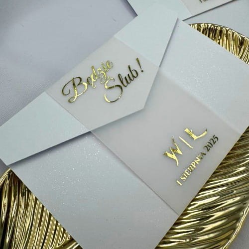 zaproszenie ślubne folderowe klasyczna biel złoto glamour