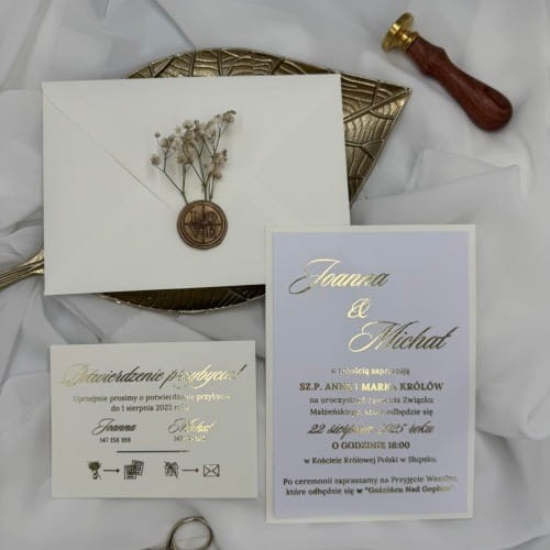 Luksusowe zaproszenie ślubne złocone z kopertą i pieczęcią lakową