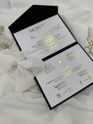 luksusowe zaproszenie ślubne handmade czarno-złote