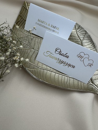 Rozłożona dwustronna winietka ślubna – białe tło, złoty napis