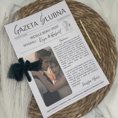 Gazetka ślubna 4 strony A4 z personalizowaną okładką, zdjęciem Pary Młodej i wstążką