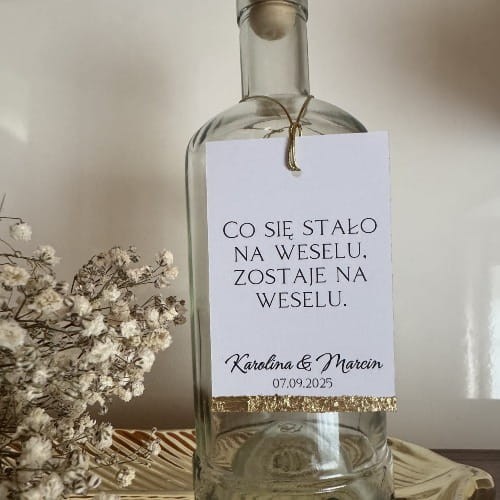 Personalizowana zawieszka na alkohol weselny – złocenie ręczne