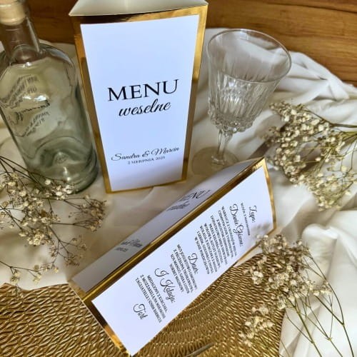 Personalizowane menu weselne trójkątne glamour złota ramka