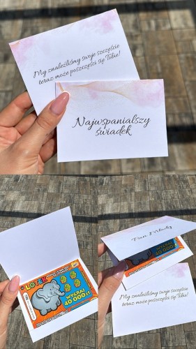 Kolaż winietki ślubnej z kieszonką na zdrapkę lotto słonik