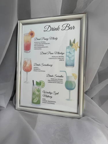 Tabliczka Drink Bar na wesele w srebrnej ramce z menu drinków