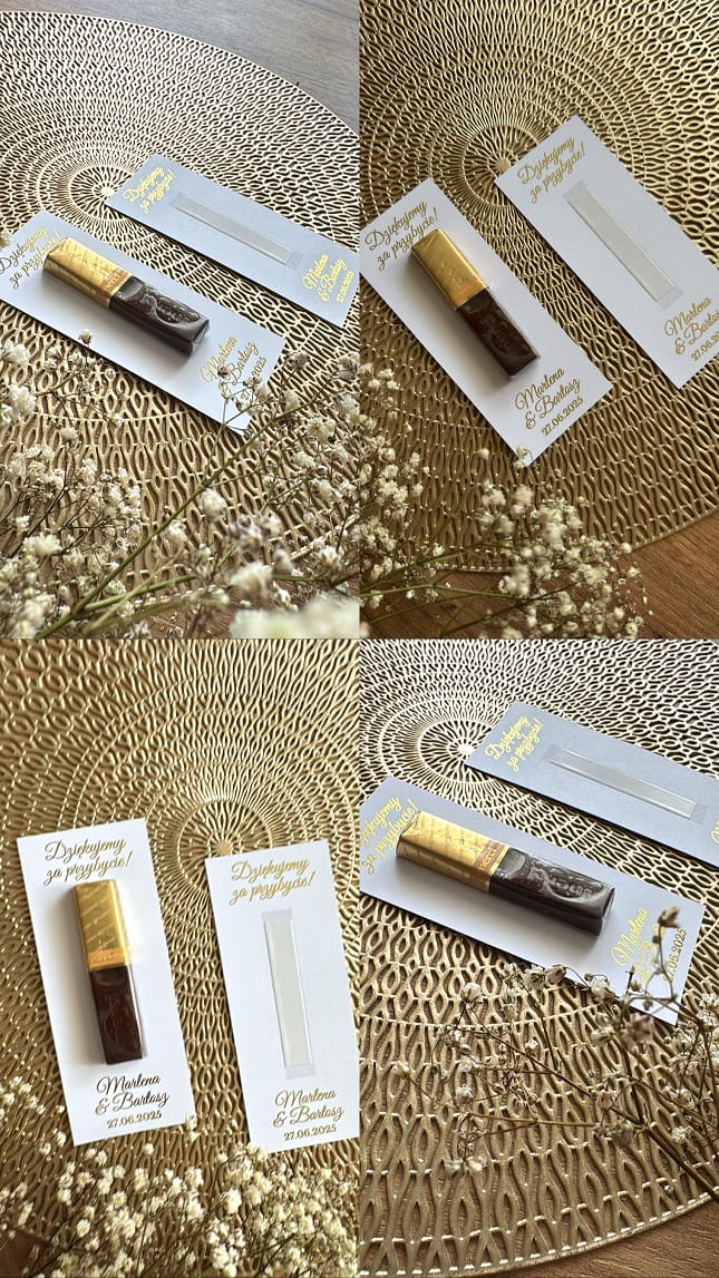 Personalizowana karteczka z tasiemką na czekoladkę Merci